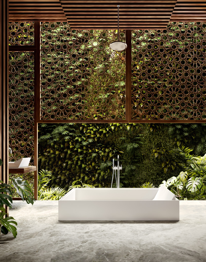 innovative shower bath designed by apaiser and wohabeing against the background of tropical foliage