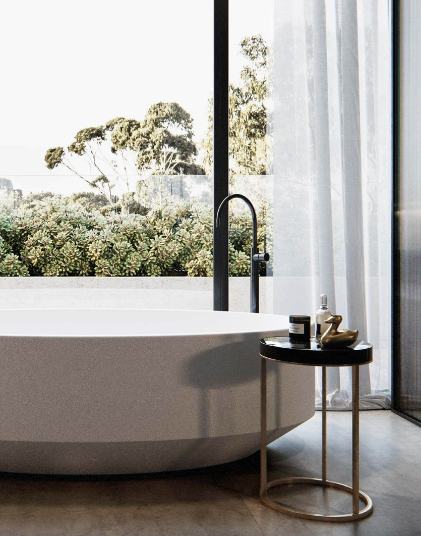 apaiser Zen Bath near the window with a view of the park with eucalyptus trees